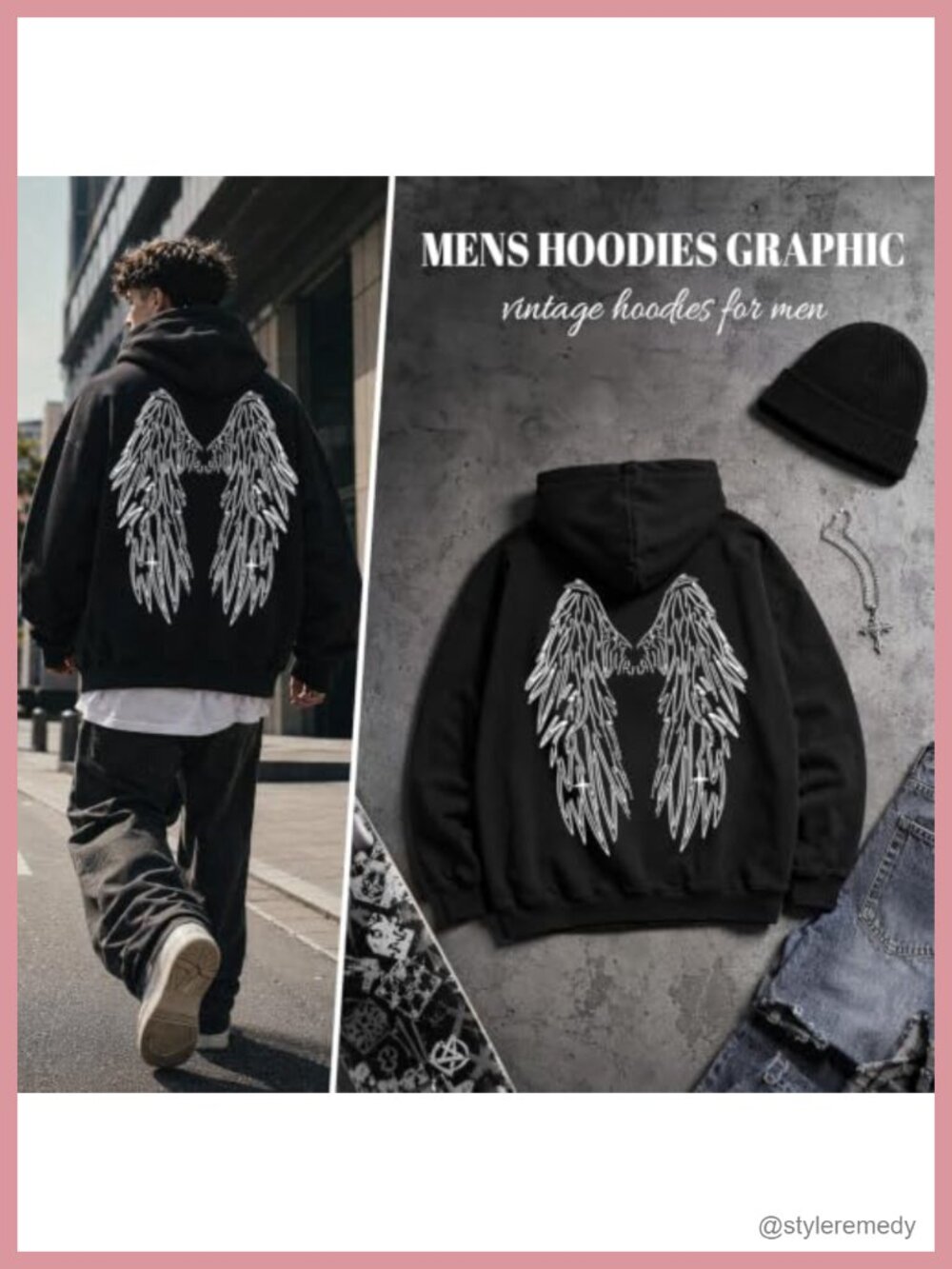 Mens Graphic Hoodie Angel Wings Back Print Streetwear Vintage Pullover Y2K - Picture 5 of 6